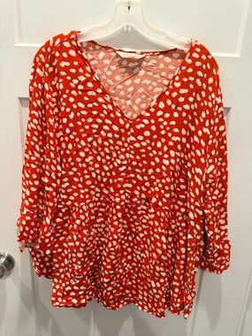 Agnes Orinda 3X Red White Print Peplum Blouse Plus Size Flowy V Neck Top